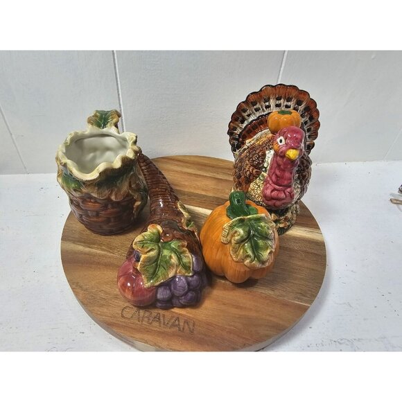 Vtg Thanksgiving Turkey Sugar Bowl w/ Lid Creamer Salt & Pepper Shakers - Picture 1 of 16